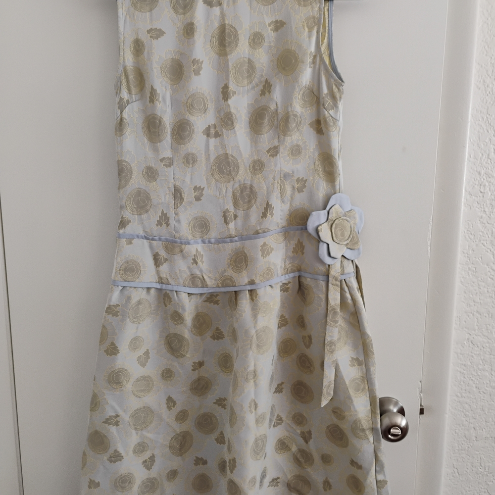 Womens' Sleeveless Cream Floral Satin Dress with Flower Accent